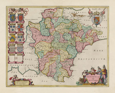 Ancienne carte de Devon en 1665 par Joan Blaaeu - Plymouth, Exeter, Torquay, Paignton, Exmouth, Barnstaple, Pays Ouest