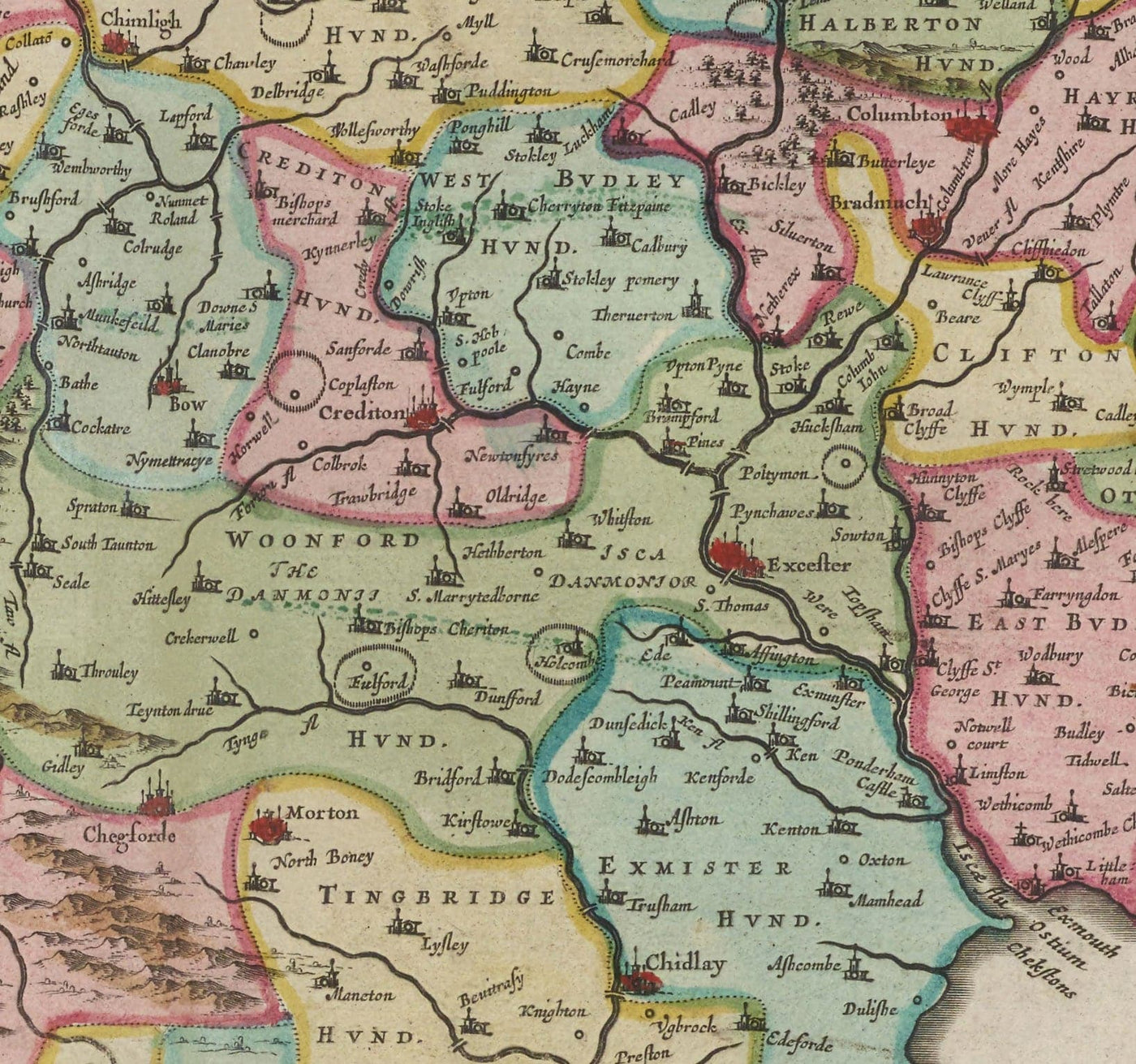 Viejo mapa de Devon en 1665 por Joan Blaeu - Plymouth, Exeter, Torquay, Paignton, Exmouth, Barnstaple, País Oeste