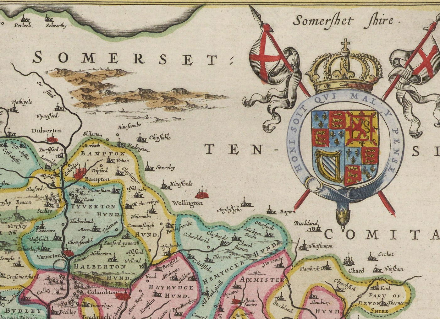 Ancienne carte de Devon en 1665 par Joan Blaaeu - Plymouth, Exeter, Torquay, Paignton, Exmouth, Barnstaple, Pays Ouest