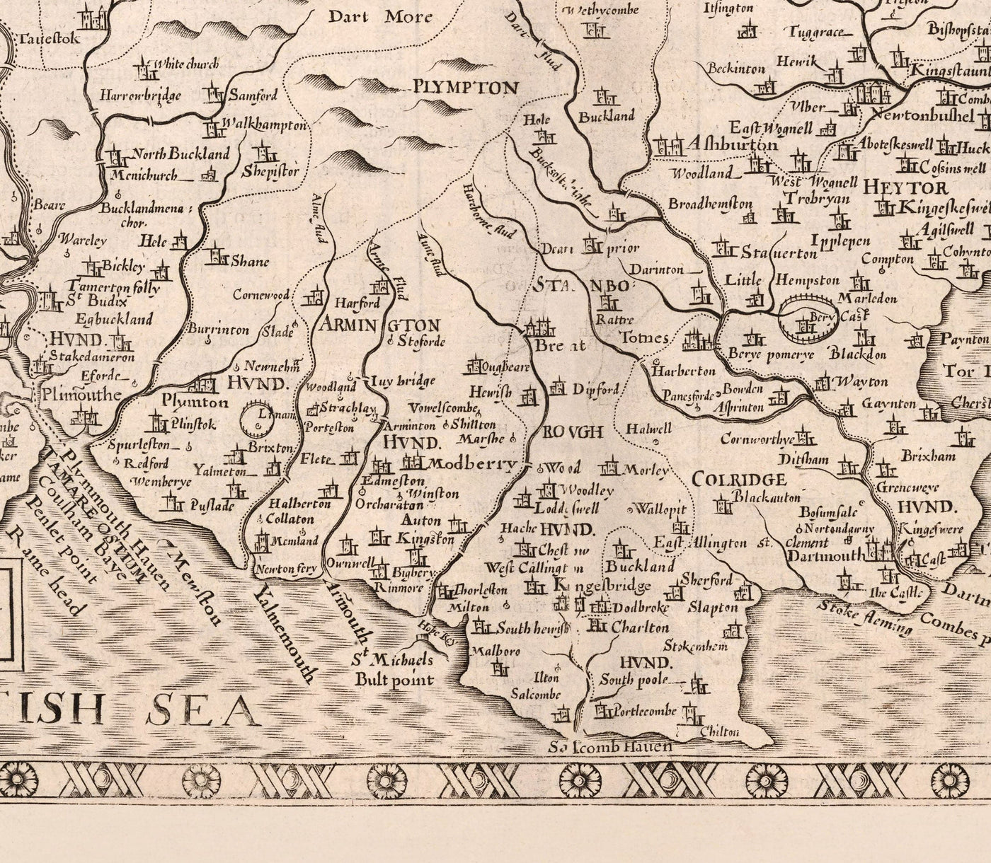 Ancienne Carte de Devon, 1611 par John Speed ​​- Plymouth, Exeter, Torquay, Paignton, Exmouth, Barnstaples