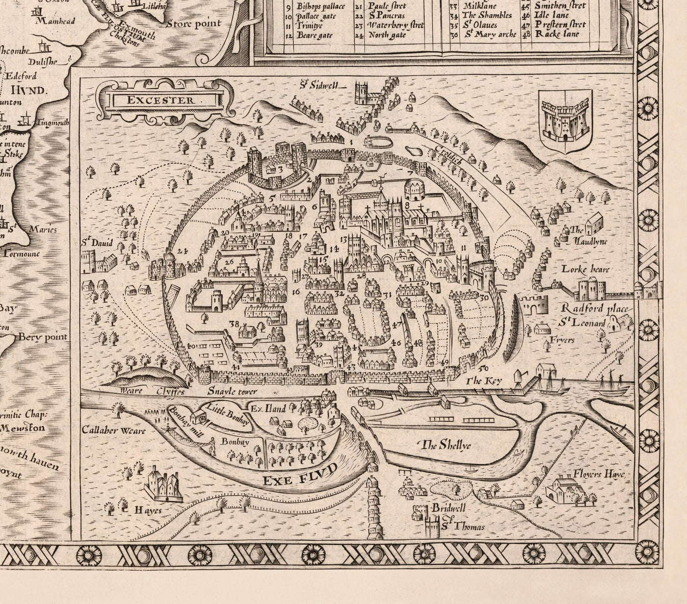 Ancienne Carte de Devon, 1611 par John Speed ​​- Plymouth, Exeter, Torquay, Paignton, Exmouth, Barnstaples