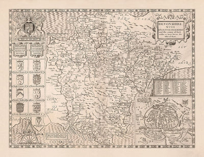 Viejo mapa de Devon, 1611 de John Speed ​​- Plymouth, Exeter, Torquay, Paignton, Exmouth, Barnstaple