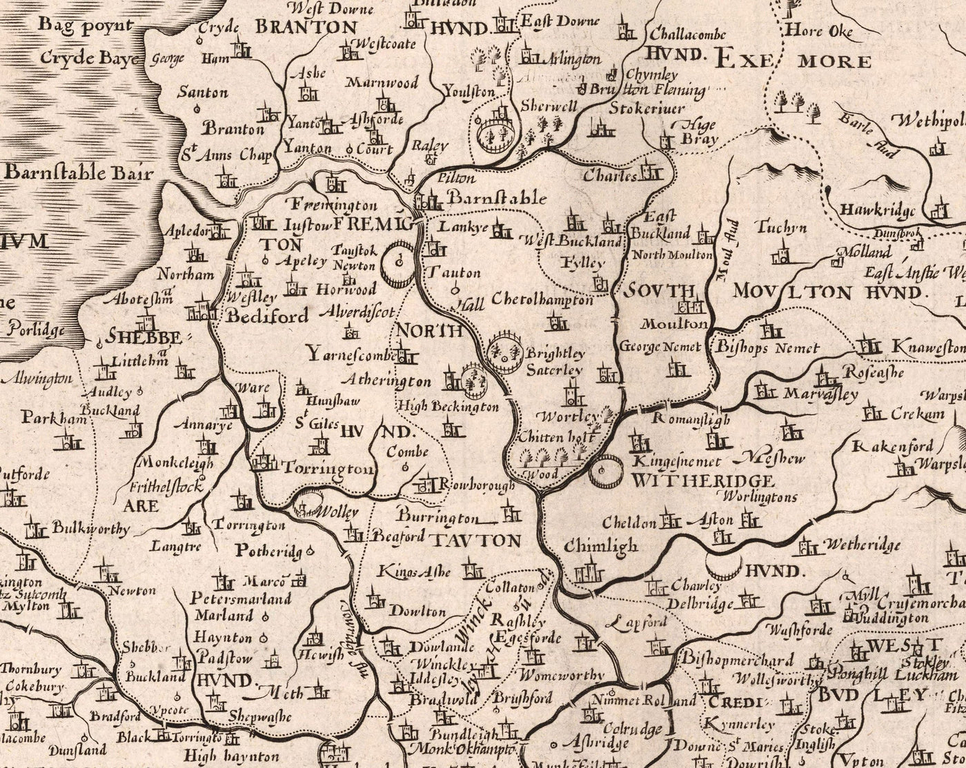Old Map of Devon, 1611 by John Speed - Plymouth, Exeter, Torquay, Paignton, Exmouth, Barnstaple