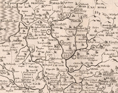 Alte Karte von Devon, 1611 von John Speed ​​- Plymouth, Exeter, Torquay, Paignton, Exmouth, Barnstaple