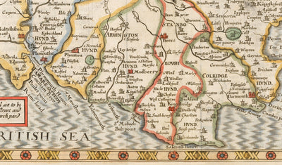 Ancienne carte de Devon, 1611 par John Speed ​​- Plymouth, Exeter, Torquay, Paignton