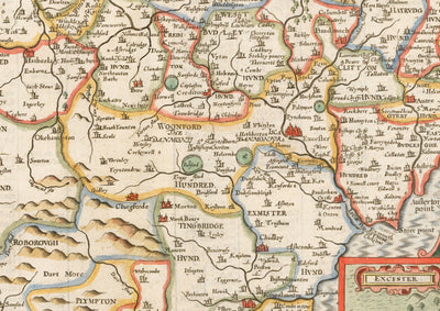 Ancienne carte de Devon, 1611 par John Speed ​​- Plymouth, Exeter, Torquay, Paignton