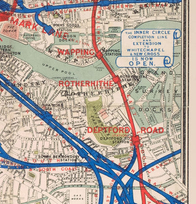 Old London District Carte ferroviaire, 1884, troisième édition - Premier métro Piccadilly, cercle, carte de tube de district