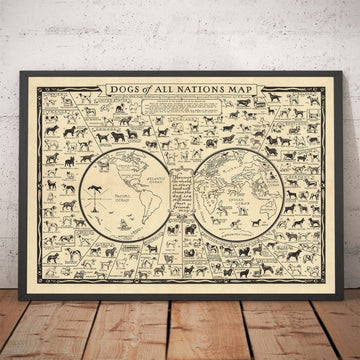 Old Dog Map, 1936 - World Atlas Chart of Breeds - Terrier, Bulldog, Pug, German Shepherd, Husky, Retriever, Sheepdog