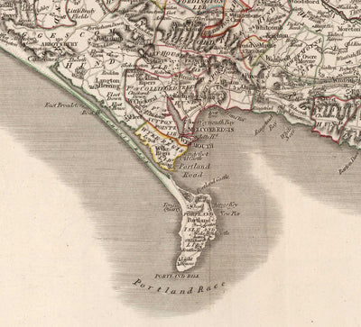 Antiguo mapa de Dorset en 1806 por John Cary - Dorchester, Poole, Weymouth, Corfe Castle, Wimborne Minster