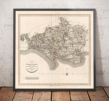 Mappa antica del Dorset nel 1806 di John Cary - Dorchester, Poole, Weymouth, Castello di Corfe, Wimborne Minster 