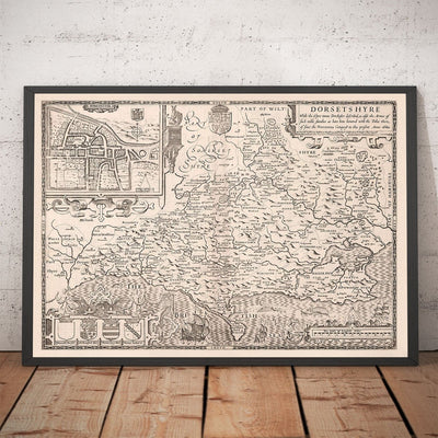 Mapa antiguo de Dorset en 1611 por John Speed ​​- Poole, Weymouth, Dorchester, Bridport, Lyme Regis