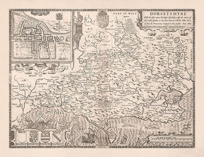 Alte Karte von Dorset im Jahre 1611 von John Speed ​​- Poole, Weymouth, Dorchester, Bridport, Lyme Regis