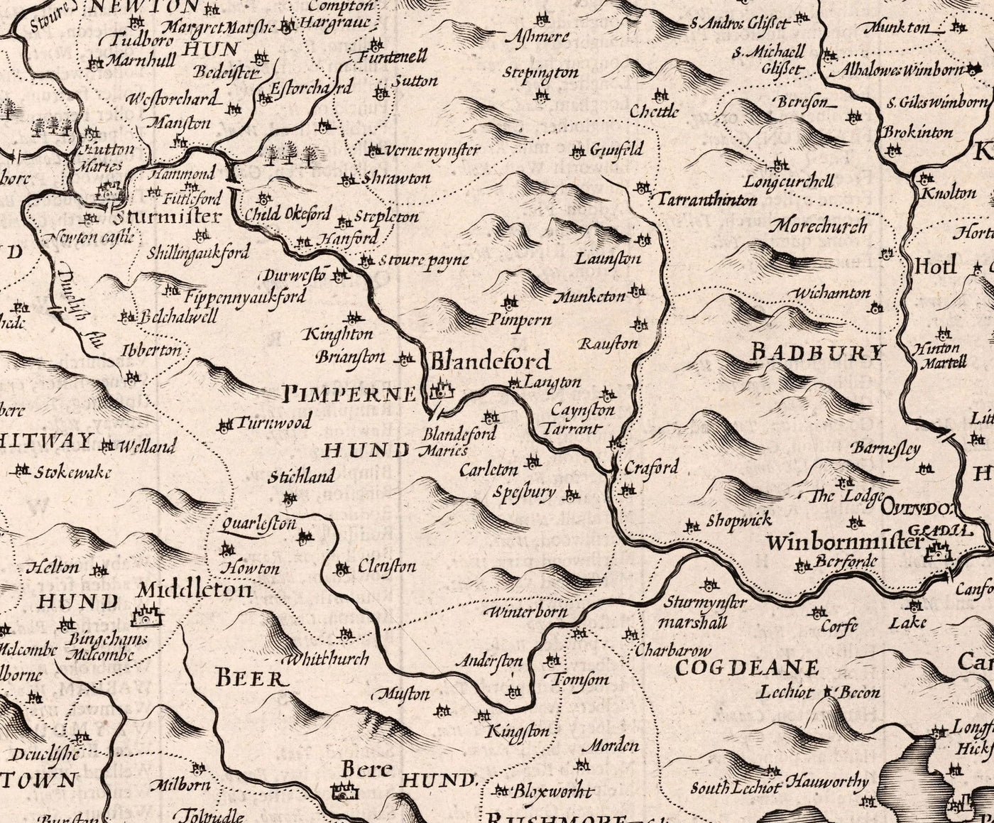 Ancienne carte de Dorset en 1611 par John Speed ​​- Poole, Weymouth, Dorchester, Bridport, Lyme Regis
