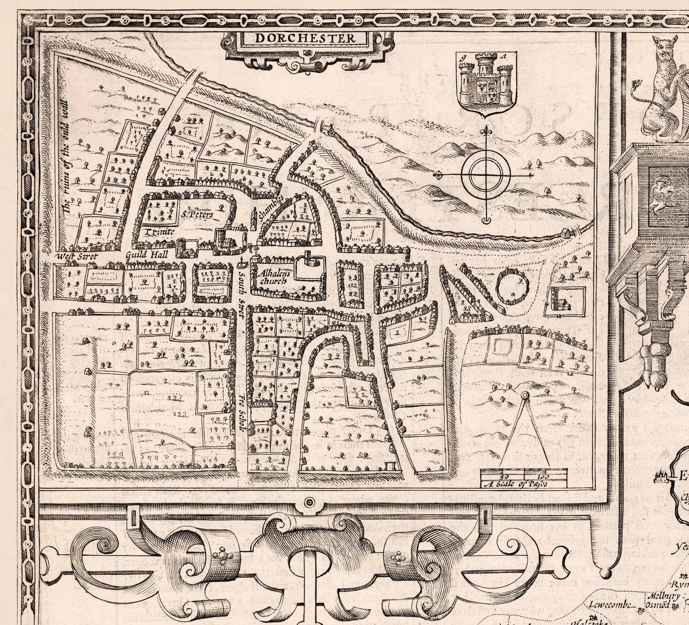 Mapa antiguo de Dorset en 1611 por John Speed ​​- Poole, Weymouth, Dorchester, Bridport, Lyme Regis