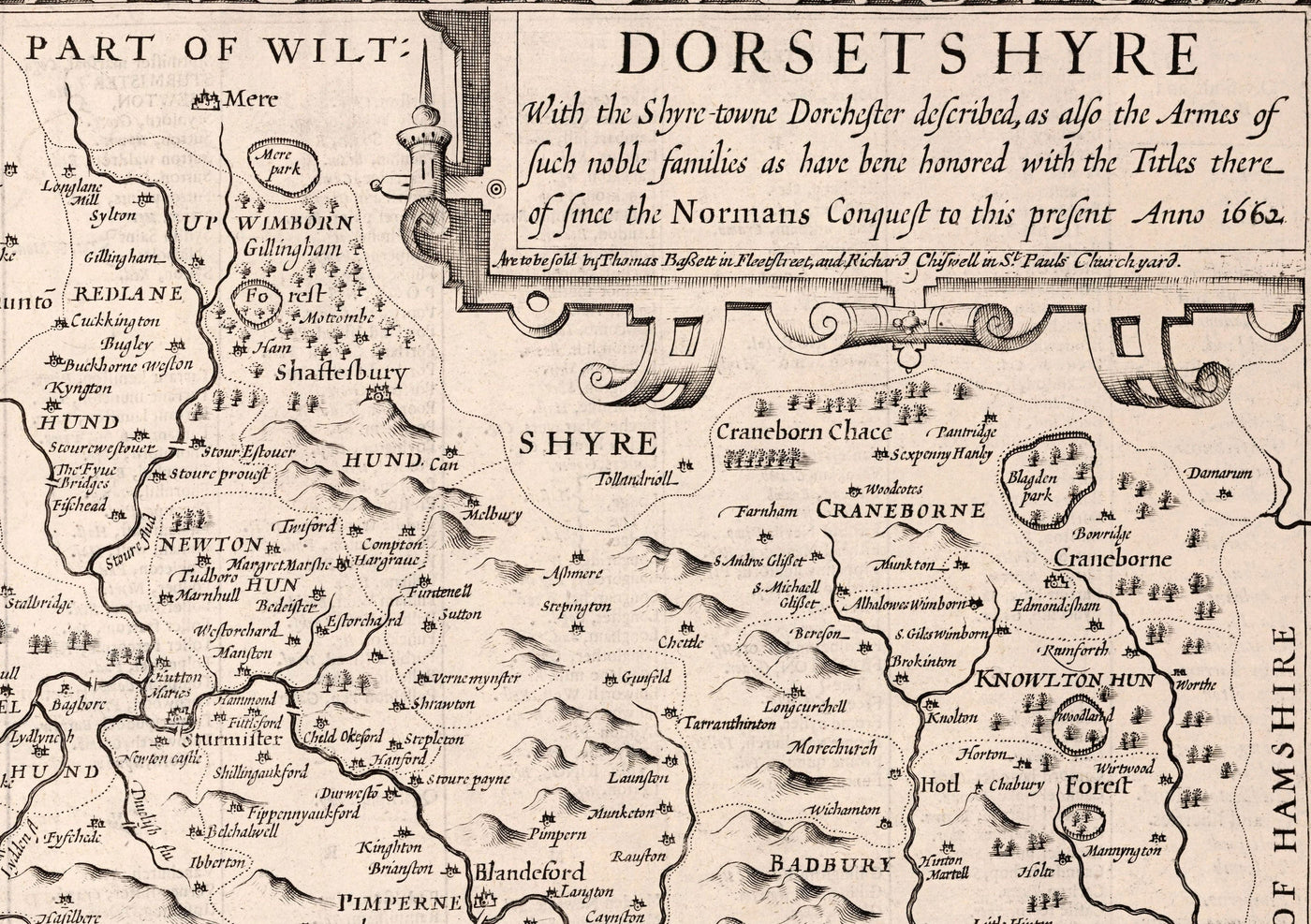 Ancienne carte de Dorset en 1611 par John Speed ​​- Poole, Weymouth, Dorchester, Bridport, Lyme Regis