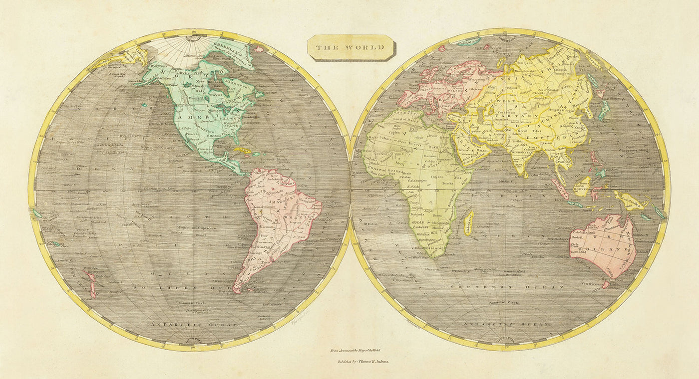 Alte Weltkarte mit doppelter Hemisphäre, 1804 von Arrowsmith - Seltener Atlas aus dem 19.
