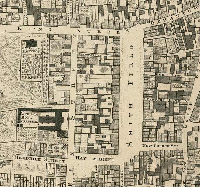 Antiguo mapa de Dublín, Irlanda, en 1756, por John Rocque