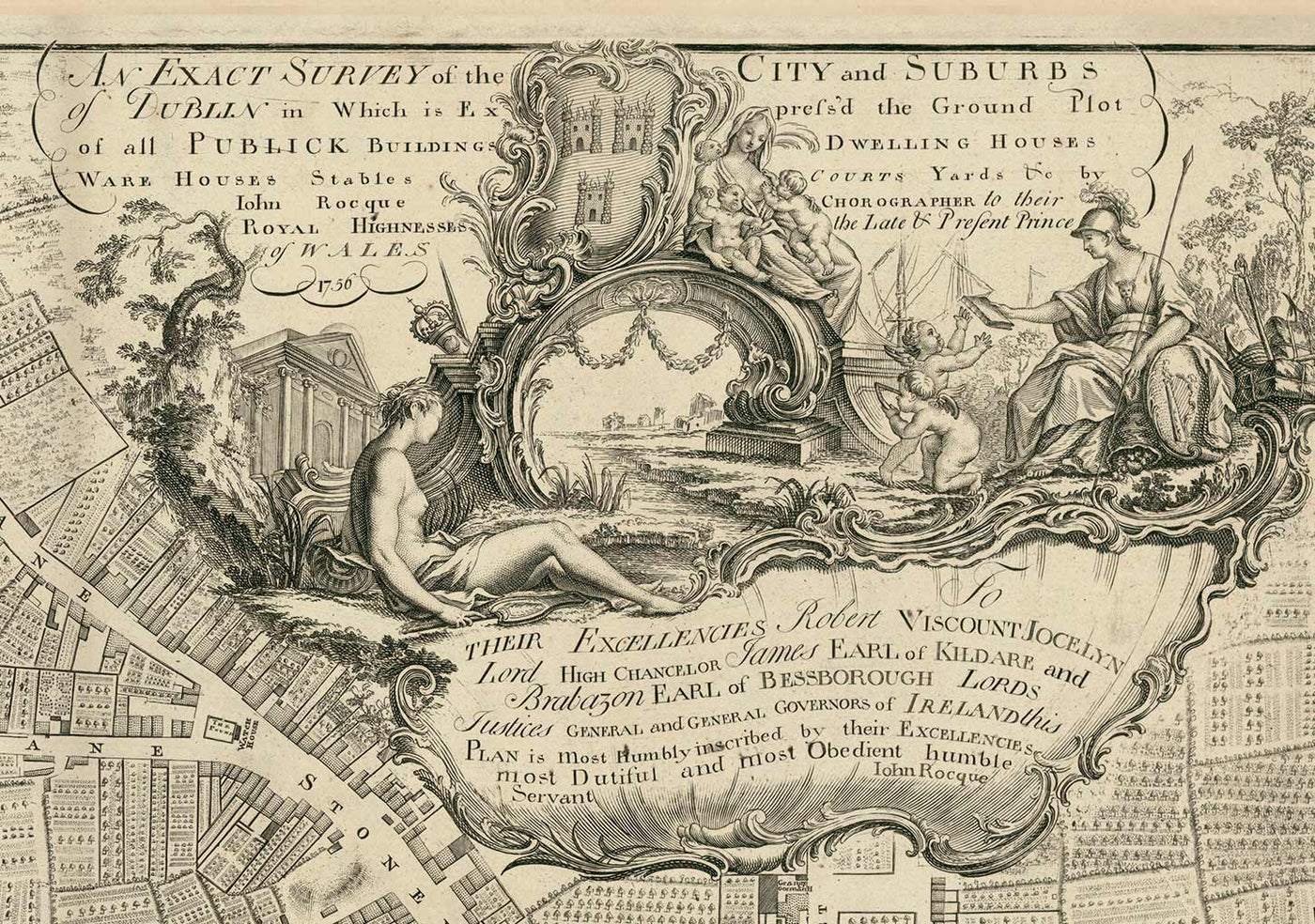 Antiguo mapa de Dublín, Irlanda, en 1756, por John Rocque