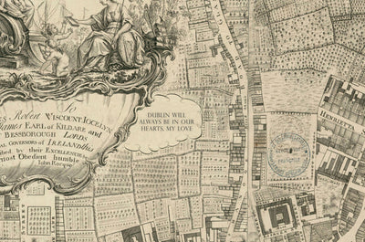 Ancienne carte de Dublin, Irlande en 1756 par John Rocque