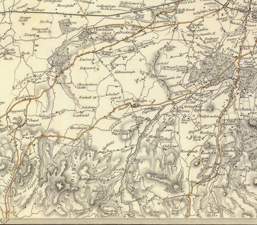 Antica mappa di Dublino e dei sobborghi, Irlanda, 1837 di SDUK - Leinster, Baia di Dublino, Grande Dublino 