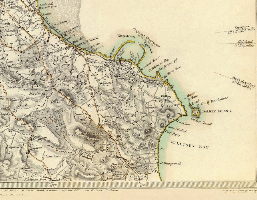 Antica mappa di Dublino e dei sobborghi, Irlanda, 1837 di SDUK - Leinster, Baia di Dublino, Grande Dublino 