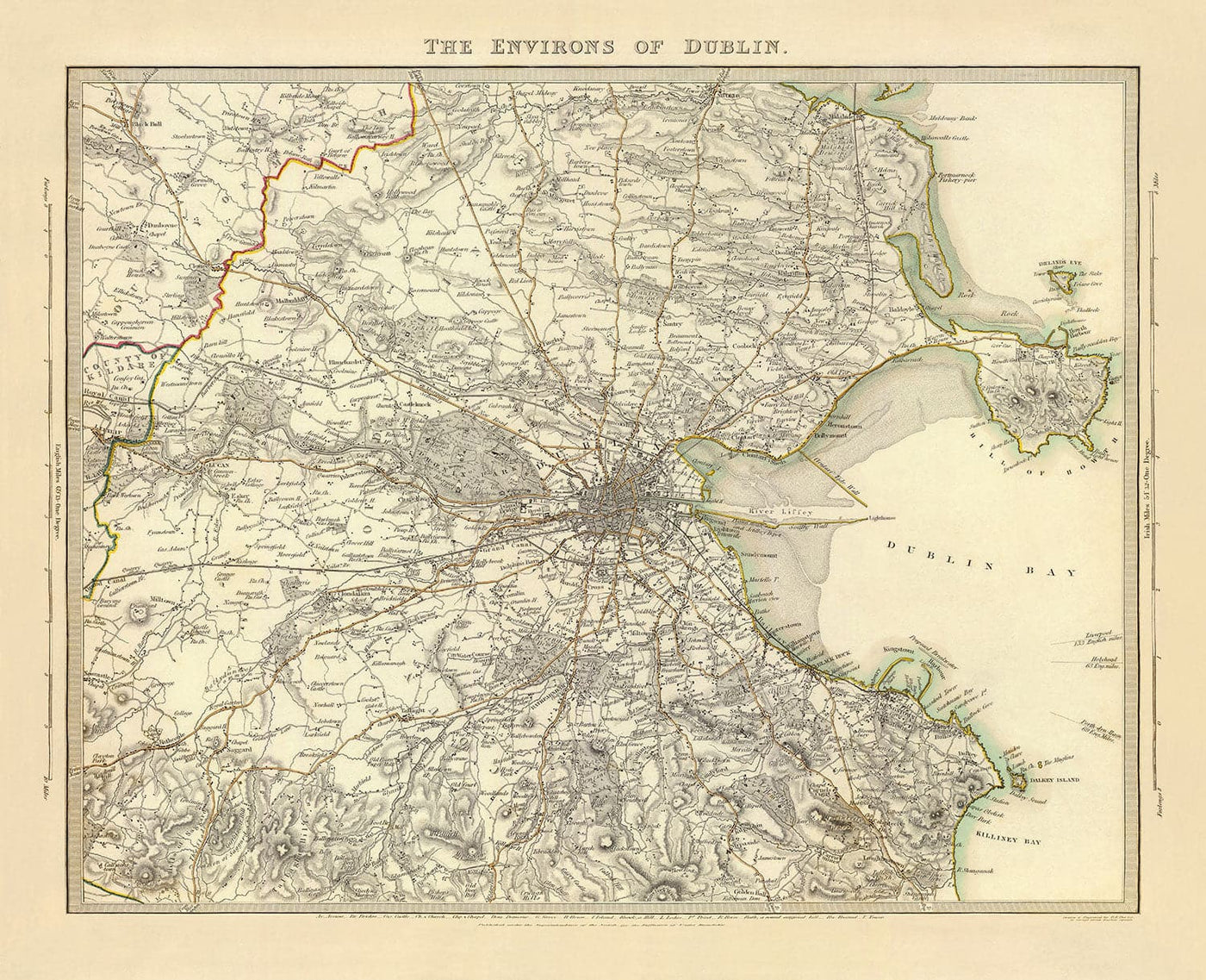 Alte Karte von Dublin und Vororten, Irland, 1837 von SDUK - Leinster, Dublin Bay, Großraum Dublin