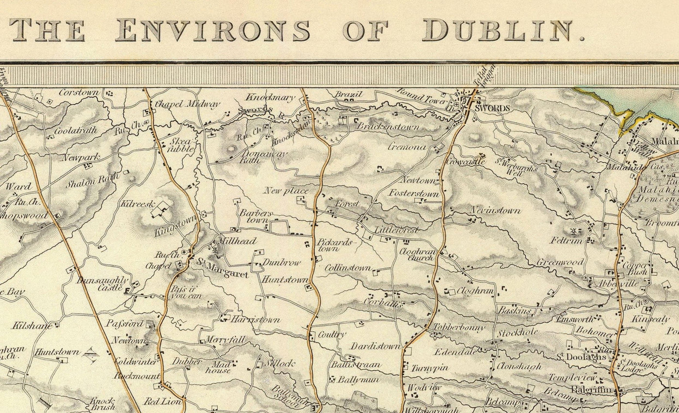 Alte Karte von Dublin und Vororten, Irland, 1837 von SDUK - Leinster, Dublin Bay, Großraum Dublin