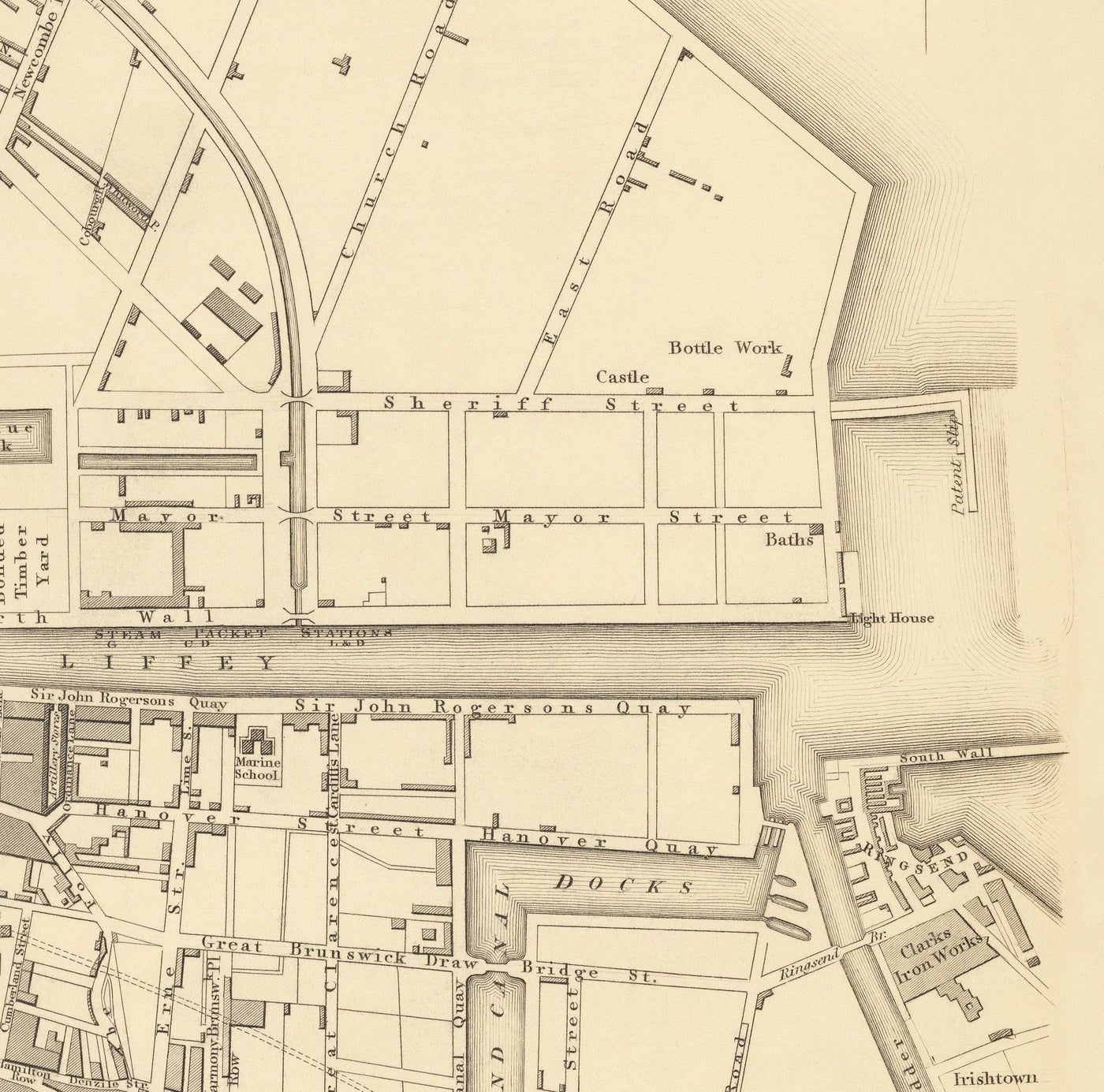 Old Map of Dublin, Ireland, 1836 by WB Clark for SDUK - River Liffey, Leinster, Co. Dublin