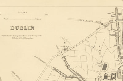 Alte Karte von Dublin, Irland, 1836 von WB Clark für SDUK - River Liffey, Leinster, Co. Dublin