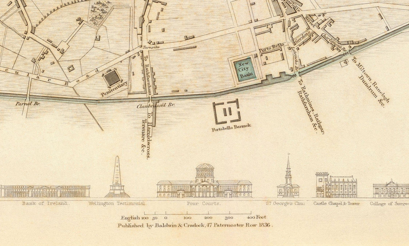 Ancienne carte de Dublin, Irlande en 1836 par WB Clark - River Liffey, Leinster, comté de Dublin