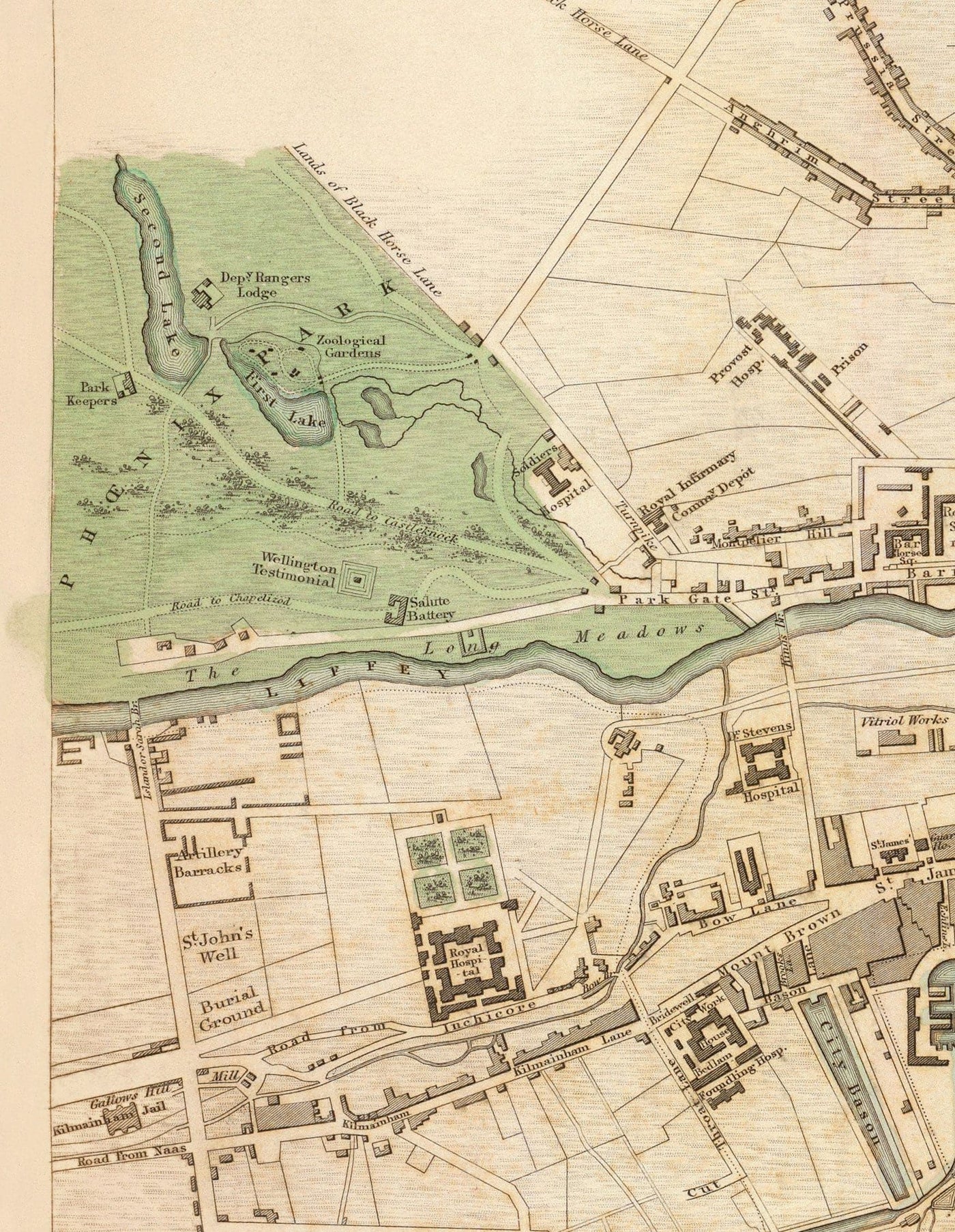 Viejo mapa de Dublín, Irlanda en 1836 por WB Clark - River Liffey, Leinster, County Dublin