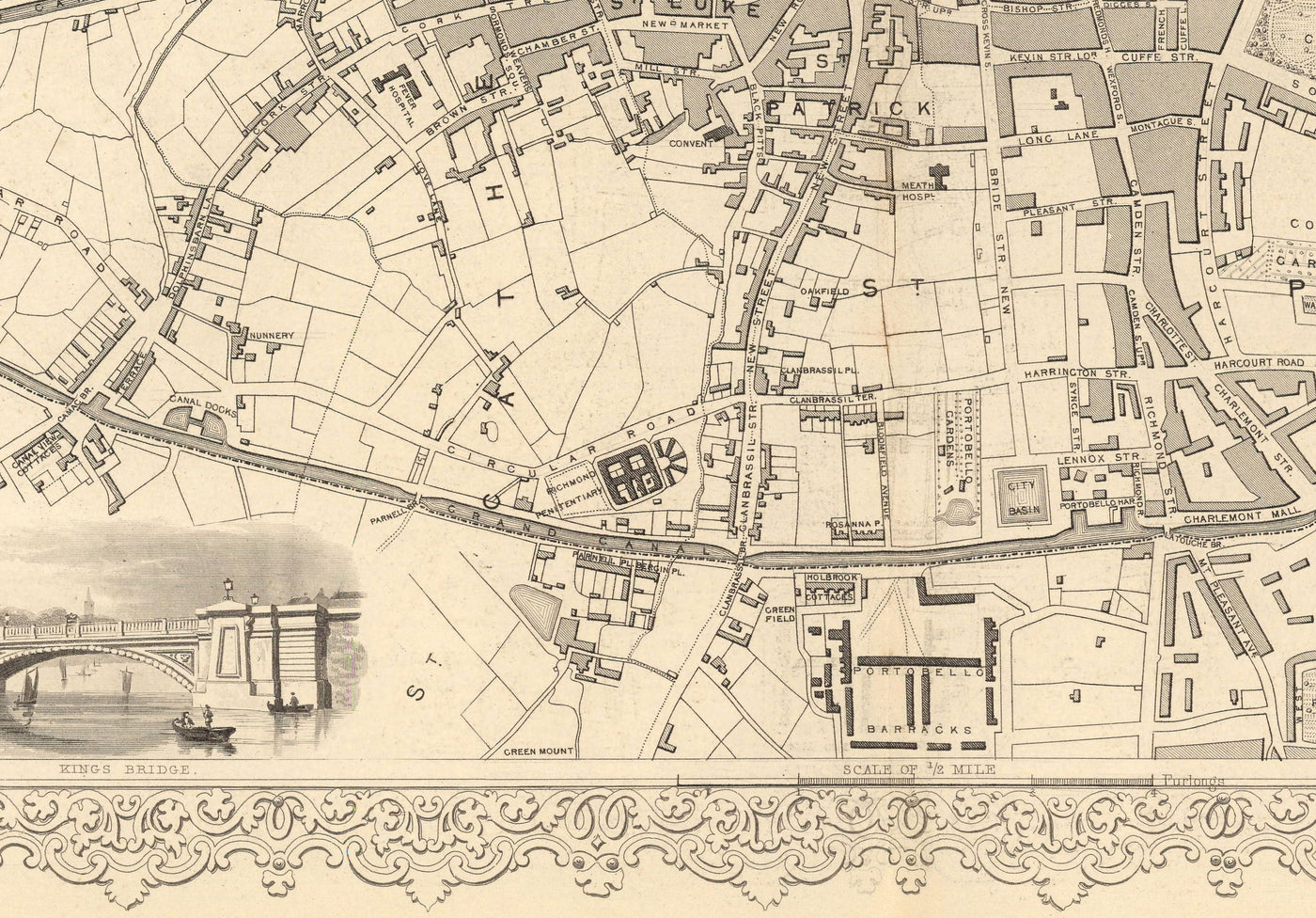Ancienne Carte de Dublin, Irlande, 1851 par Tallis & Rapkin - Central, Temple Bar, Stoneybatter, Docklands, Liffey, Leinster