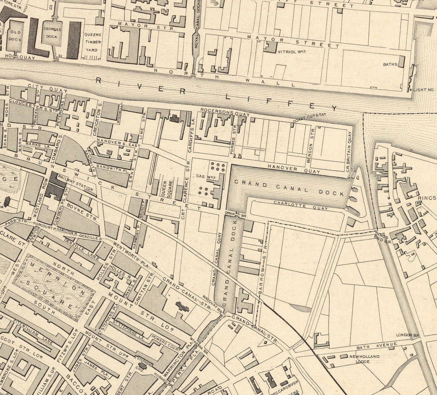Viejo mapa de Dublín, Irlanda, 1851 por Tallis & Rapkin - Central, Temple Bar, StoneyBatter, Docklands, Liffey, Leinster