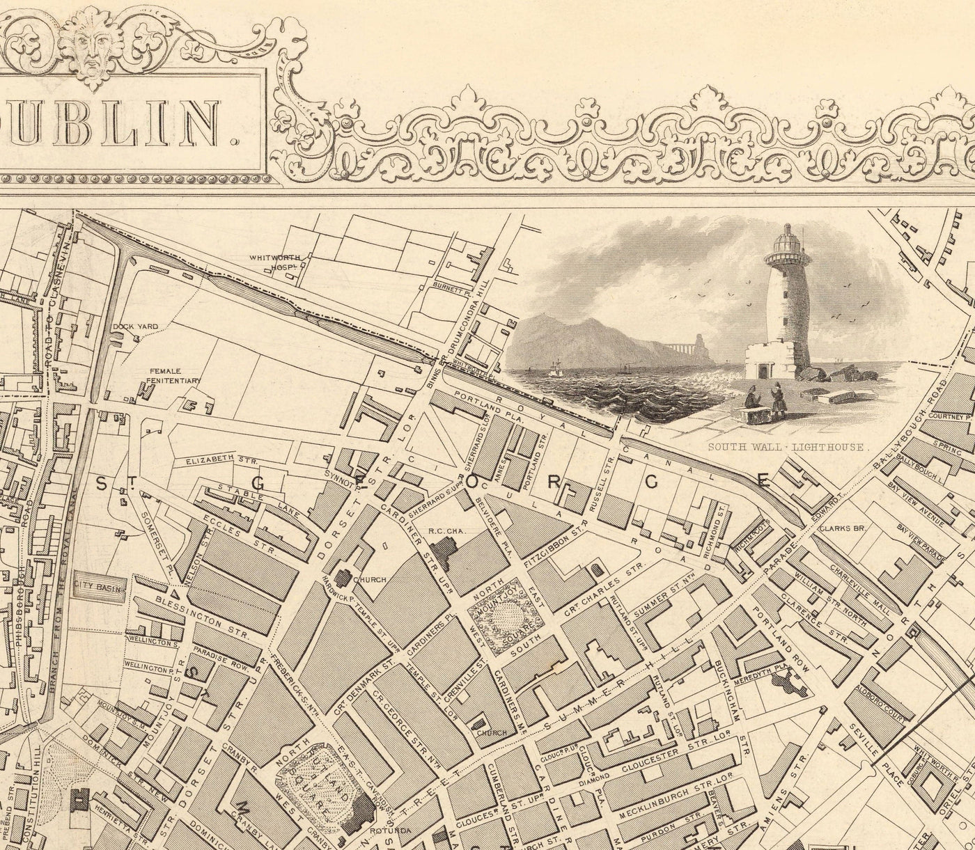 Alte Karte von Dublin, Irland, 1851 von Tallis & Rapkin - Central, Temple Bar, Stoneybatter, Dockland, Liffey, Leinster