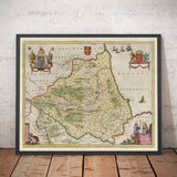 Old Map of County Durham, 1665 by Joan Blaeu - Darlington, Stockton-on-Tees, Sunderland, Hartlepool, Newcastle, Gateshead