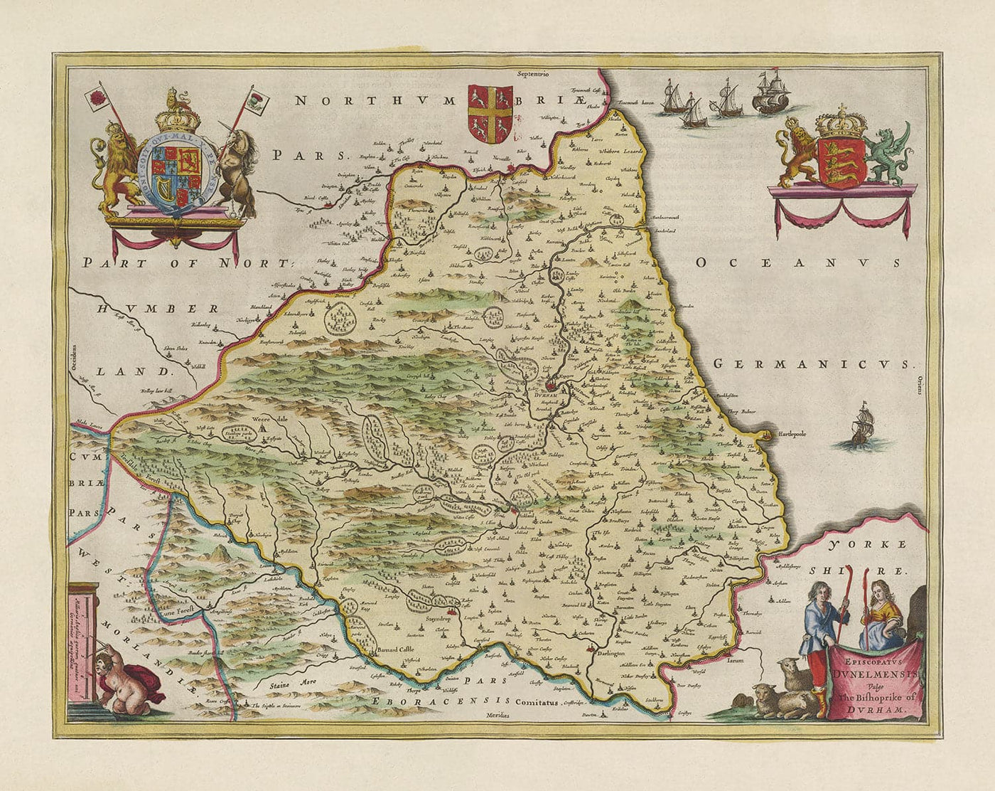 Ancienne Carte de County Durham, 1665 par Joan Blaaueu - Darlington, Stockton-On-Tees, Sunderland, Hartlepool, Newcastle, Gatlehead