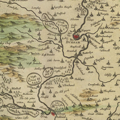 Alte Karte von County Durham, 1665 von Joan Blaeu - Darlington, Stockton-On-Tees, Sunderland, Hartlepool, Newcastle, Gateshead