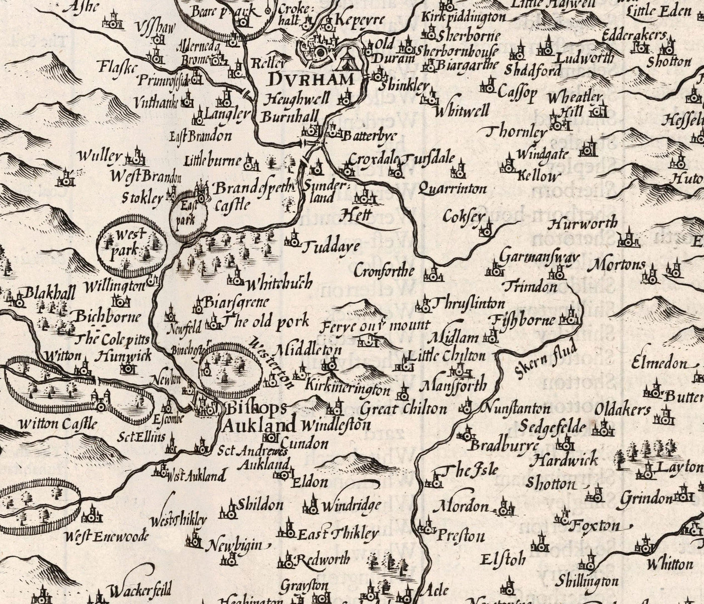 Mapa monocromo antiguo del condado Durham, 1611 de John Speed ​​- Darlington, Stockton-on-Tees, Sunderland, Newcastle