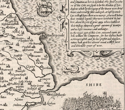 Mapa monocromo antiguo del condado Durham, 1611 de John Speed ​​- Darlington, Stockton-on-Tees, Sunderland, Newcastle