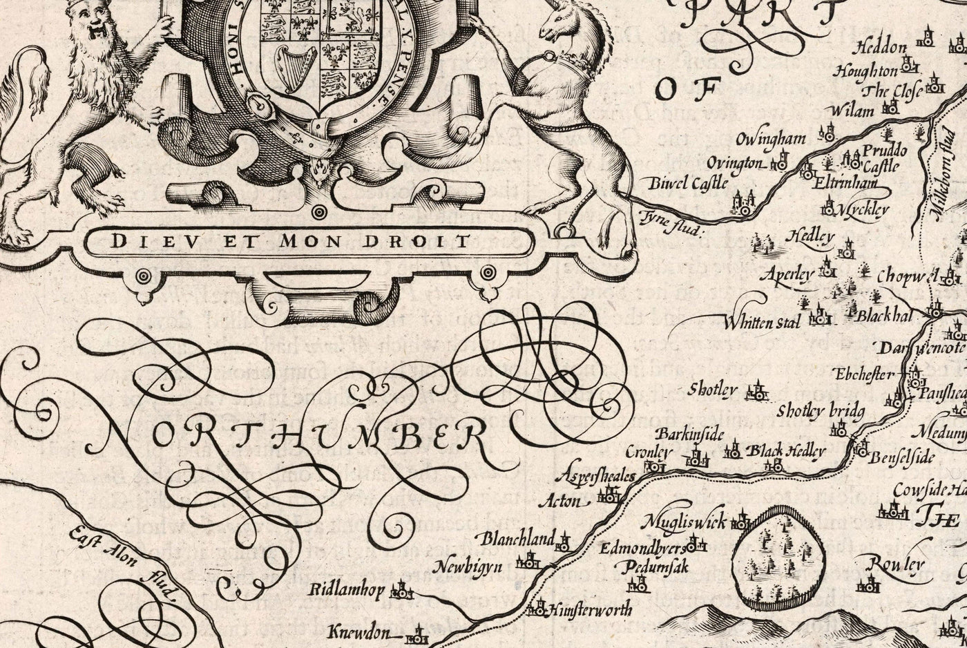 Alte monochrome Karte von County Durham, 1611 von John Speed ​​- Darlington, Stockton-On-Tees, Sunderland, Newcastle