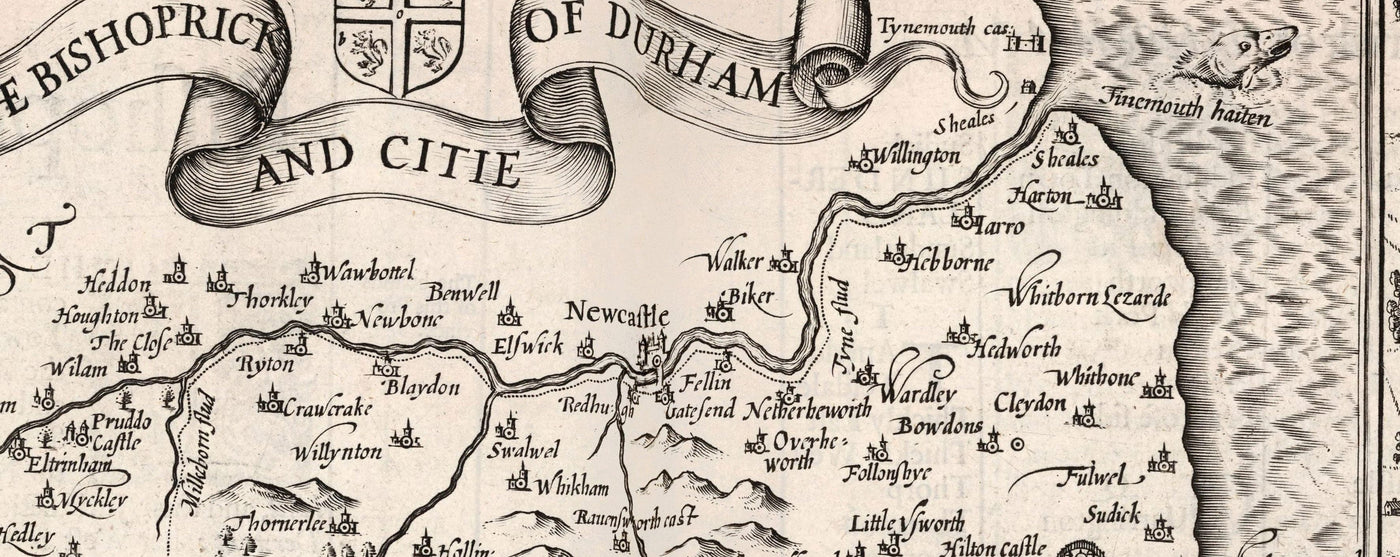 Alte monochrome Karte von County Durham, 1611 von John Speed ​​- Darlington, Stockton-On-Tees, Sunderland, Newcastle
