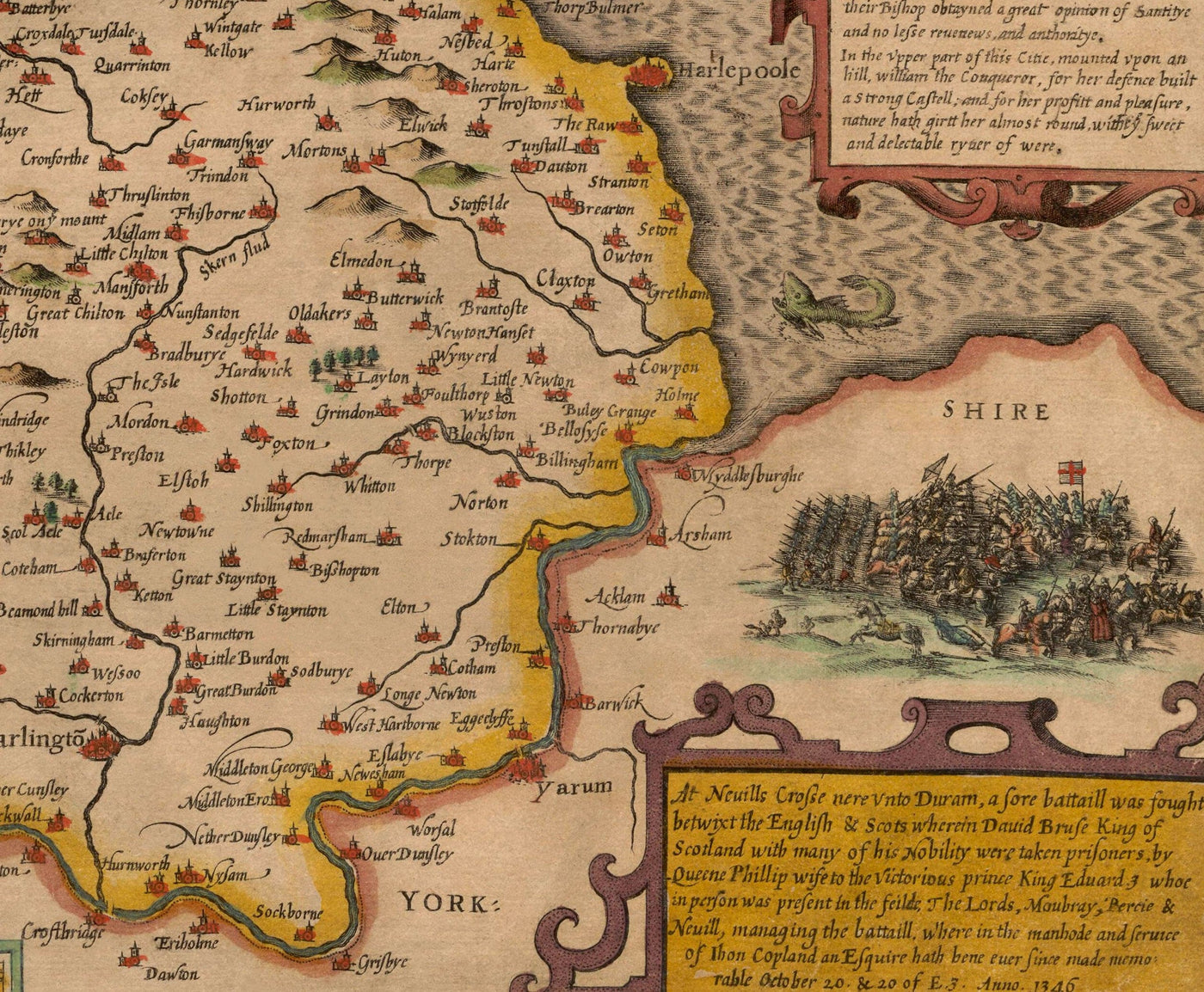 Old Map of County Durham, 1611 by John Speed - Darlington, Stockton-on-Tees, Sunderland