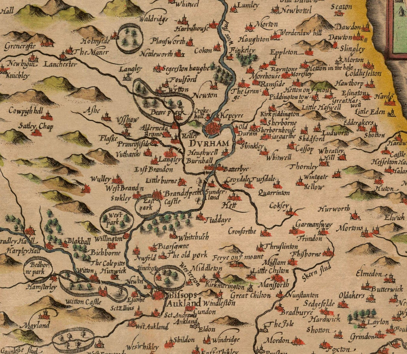 Mapa antiguo del condado Durham, 1611 de John Speed ​​- Darlington, Stockton-on-Tees, Sunderland