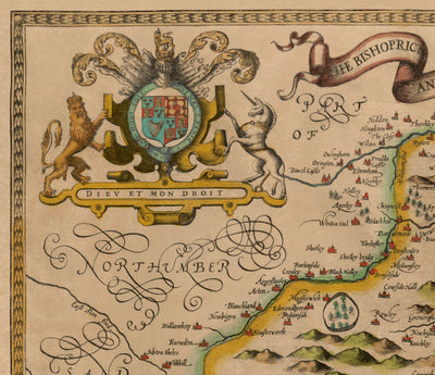 Mapa antiguo del condado Durham, 1611 de John Speed ​​- Darlington, Stockton-on-Tees, Sunderland