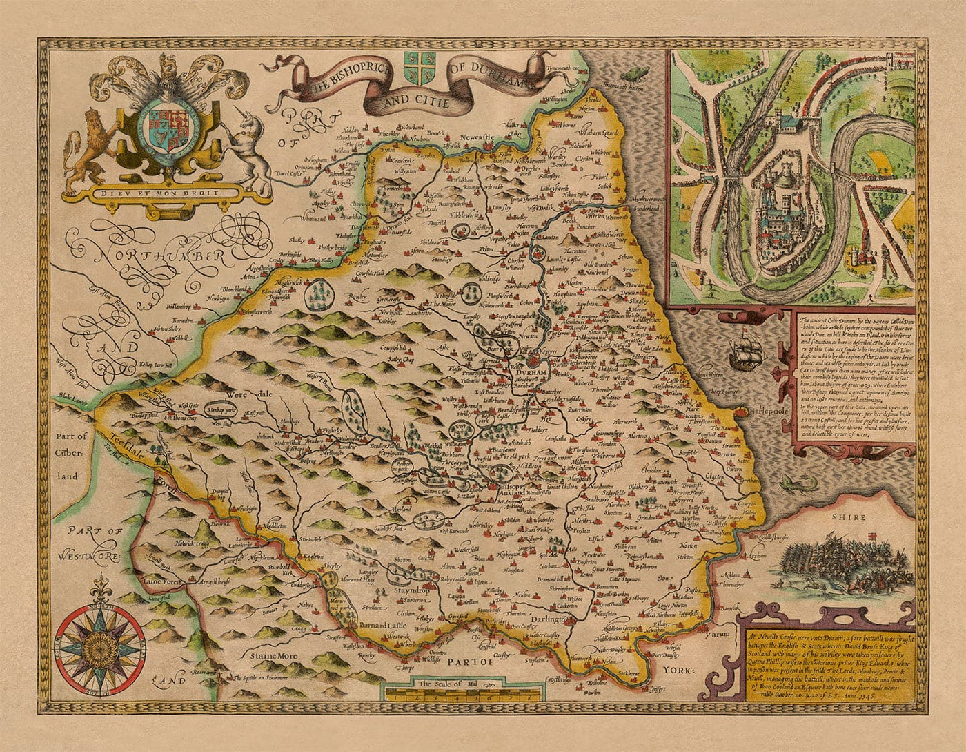 Ancienne carte du comté Durham, 1611 par John Speed ​​- Darlington, Stockton-On-Tees, Sunderland
