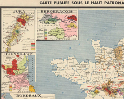 Alte Karte der Weinberge in Frankreich "La France Vinicole", 1939 - Bordeaux, Bourgogne, Champagne, Cotes Du Rhone, Bergeracois