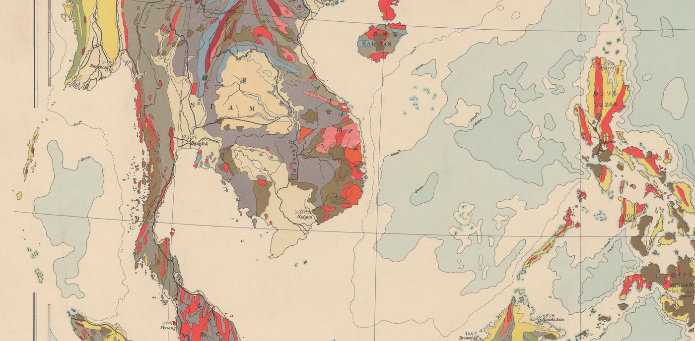 Antiguo mapa geológico de Asia oriental y el archipiélago malayo en 1932 por la Sociedad de Geología de Tokio - Japón, China, Indonesia, Vietnam, Taiwán