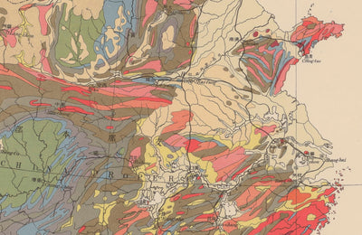 Ancienne carte géologique de l'Asie orientale et de l'archipel malais en 1932 par la Société de géologie de Tokyo - Japon, Chine, Indonésie, Vietnam, Taiwan