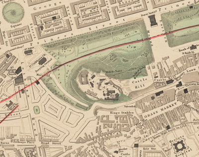 Alte Karte von Edinburgh, Schottland im Jahr 1853 von WB Clarke und George Cox - Waverley, Altstadt, Neustadt, Schloss, Eisenbahn, Arthurs Seat