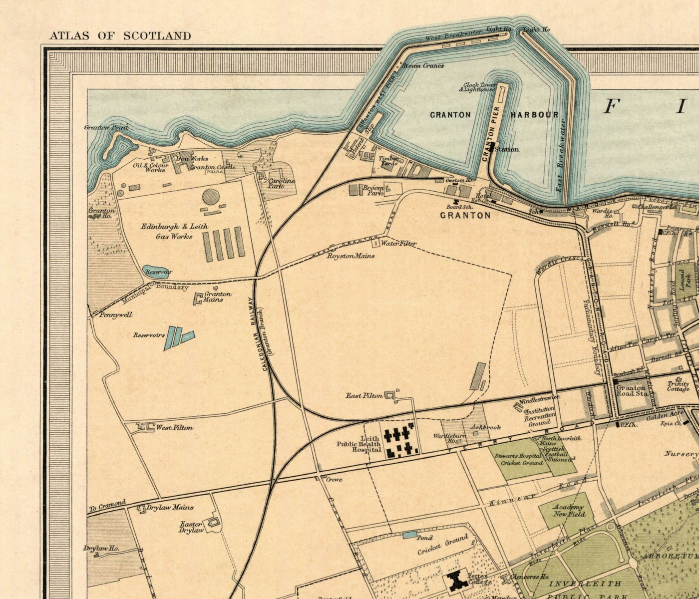 Ancienne carte d'Édimbourg en 1912 par J Bartholomew - Leith, Murrayfield, Portobello, Holyrood